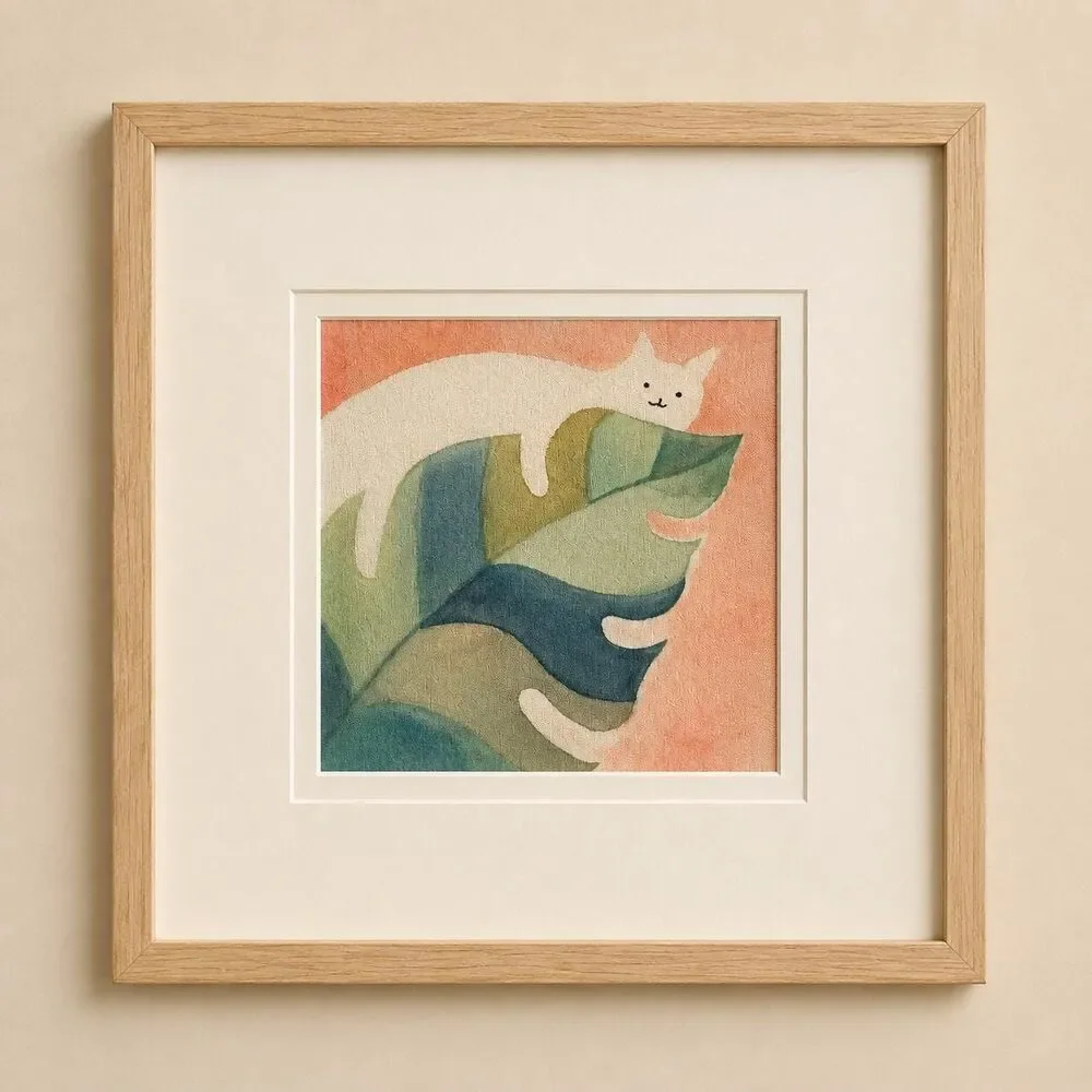 Lazy Cat Tropical Leaf Batik Wall Art, Handmade Cat Art Decor, Cat Lover Gift